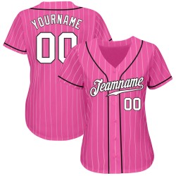 Custom Pink White Pinstripe White-Black Authentic Baseball Jersey Custom Pink White Pinstripe White-Black Authentic Baseball Jersey