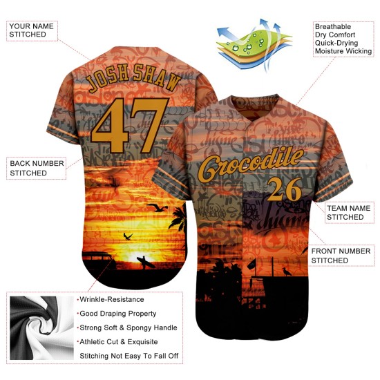 Pattern Custom Gold-Brown Jersey Graffiti Beach Baseball Authentic 3D Pattern Custom Gold-Brown Jersey Graffiti Beach Baseball Authentic 3D