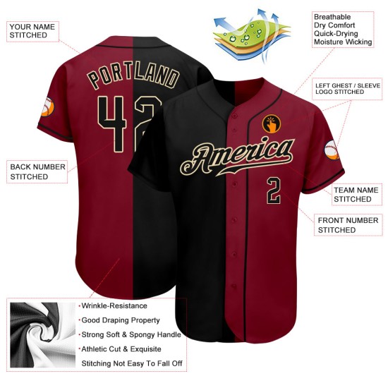 Black-Cream Split Fashion Crimson Custom Baseball Authentic Jersey Black-Cream Split Fashion Crimson Custom Baseball Authentic Jersey
