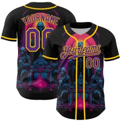 Skull Pattern Design Custom Rave Black Baseball Authentic Purple-Yellow 3D Jersey