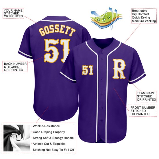 White-Gold Authentic Custom Purple Baseball Jersey White-Gold Authentic Custom Purple Baseball Jersey