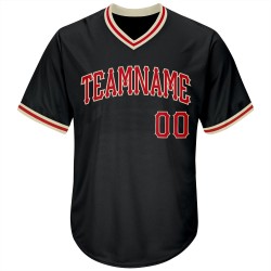Baseball Custom Black Authentic Jersey Shirt Red-Cream Throwback Rib-Knit Baseball Custom Black Authentic Jersey Shirt Red-Cream Throwback Rib-Knit