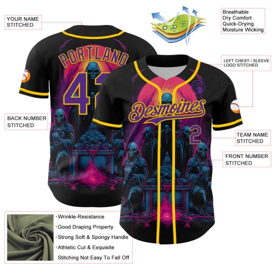 Skull Pattern Design Custom Rave Black Baseball Authentic Purple-Yellow 3D Jersey Skull Pattern Design Custom Rave Black Baseball Authentic Purple-Yellow 3D Jersey