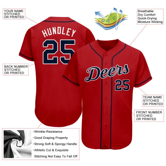 Red Jersey Baseball Authentic Custom Navy-White Red Jersey Baseball Authentic Custom Navy-White