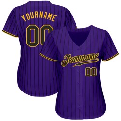 Custom Purple Black Pinstripe Black-Gold Authentic Baseball Jersey Custom Purple Black Pinstripe Black-Gold Authentic Baseball Jersey