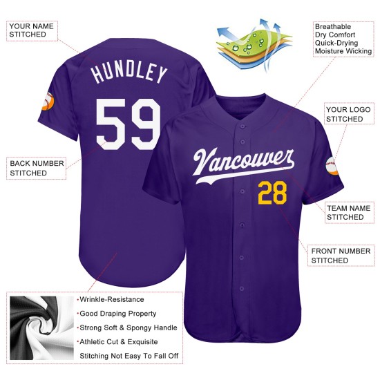 Baseball Jersey Purple Custom Authentic White-Gold Baseball Jersey Purple Custom Authentic White-Gold