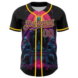 Skull Pattern Design Custom Rave Black Baseball Authentic Purple-Yellow 3D Jersey Skull Pattern Design Custom Rave Black Baseball Authentic Purple-Yellow 3D Jersey