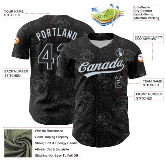 Black Authentic Pattern 3D Rose Custom Baseball Style Design Silver Gothic Jersey Black Authentic Pattern 3D Rose Custom Baseball Style Design Silver Gothic Jersey